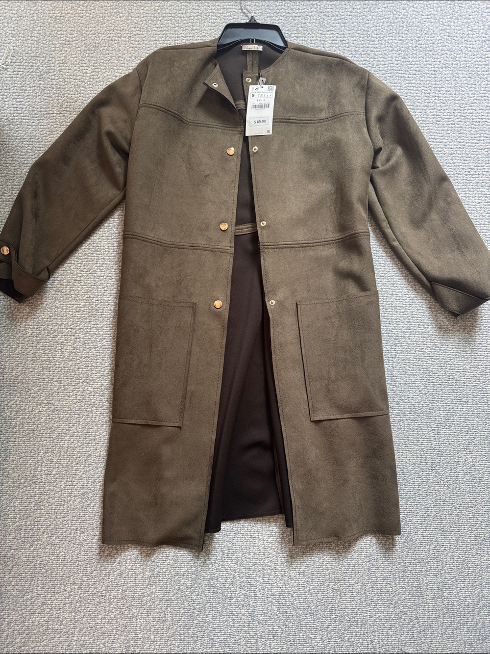 Zara Olive Green Long Open-Front Coat with Gold Buttons